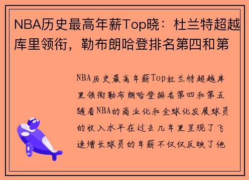 NBA历史最高年薪Top晓：杜兰特超越库里领衔，勒布朗哈登排名第四和第五
