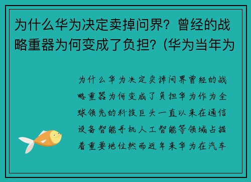 为什么华为决定卖掉问界？曾经的战略重器为何变成了负担？(华为当年为什么想卖掉)