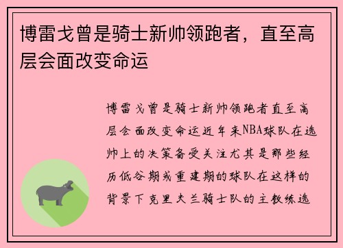 博雷戈曾是骑士新帅领跑者，直至高层会面改变命运