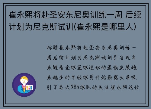 崔永熙将赴圣安东尼奥训练一周 后续计划为尼克斯试训(崔永熙是哪里人)