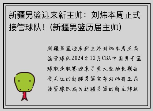 新疆男篮迎来新主帅：刘炜本周正式接管球队！(新疆男篮历届主帅)