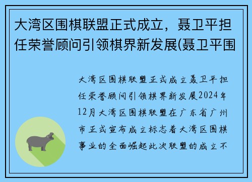 大湾区围棋联盟正式成立，聂卫平担任荣誉顾问引领棋界新发展(聂卫平围棋道馆)