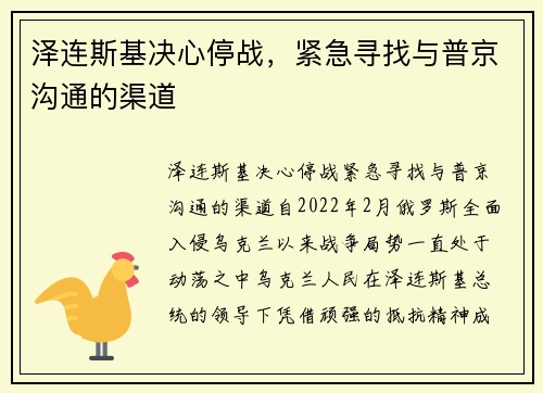 泽连斯基决心停战，紧急寻找与普京沟通的渠道