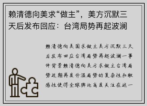 赖清德向美求“做主”，美方沉默三天后发布回应：台湾局势再起波澜