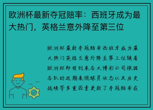 欧洲杯最新夺冠赔率：西班牙成为最大热门，英格兰意外降至第三位
